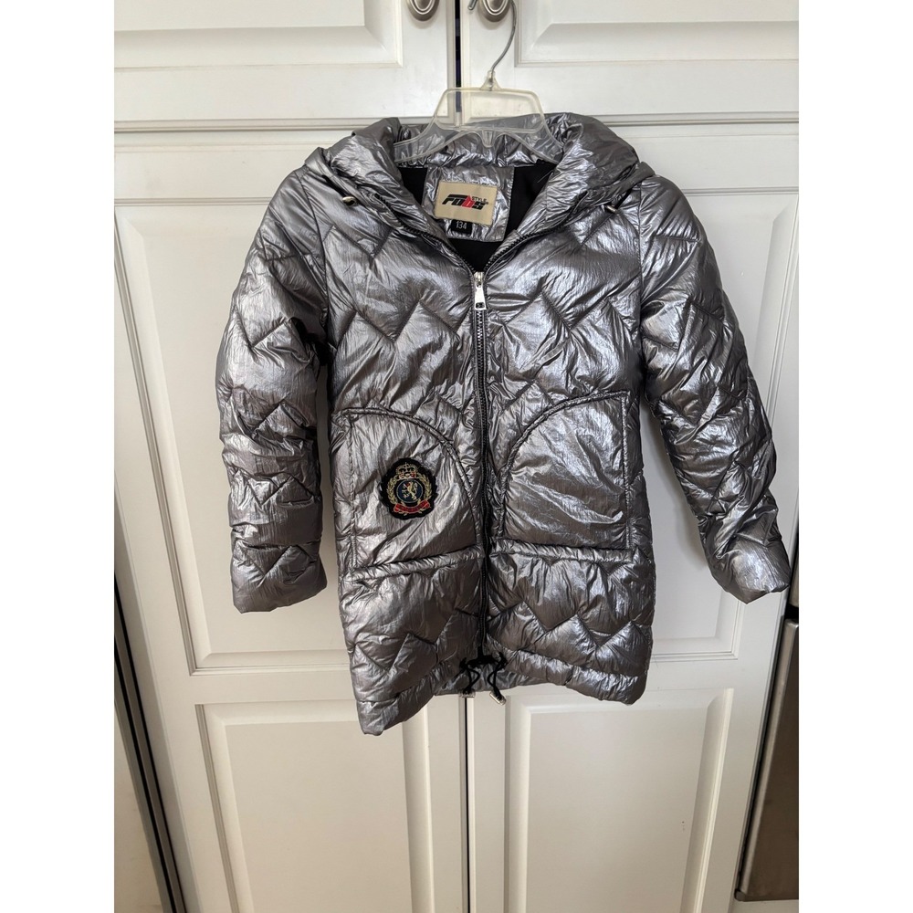 FOB Style Kids Metallic Silver Hooded Puffer Jacket Bio-Down Parka siz 8/9